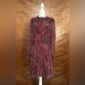 TAYLOR Long Sleeve Smocked Chiffon Dress Womens 14 Burgundy Red Ruffle Flounce